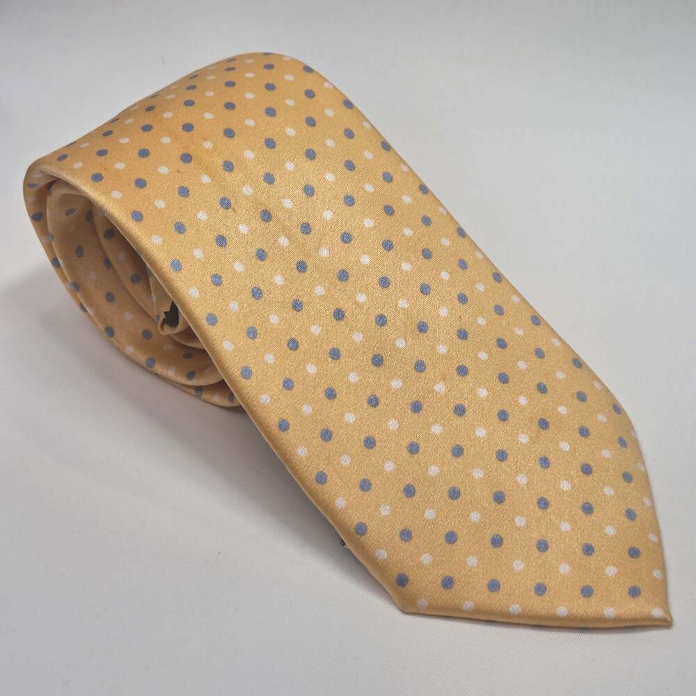 Saks Fifth Avenue Gold Yellow Blue & White Polka Dot 100% Silk Tie 3.25x59
